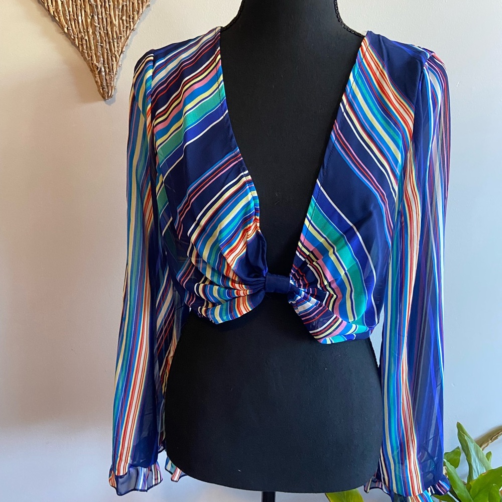NWOT Revamped Striped Sheer Long Sleeve Cardigan Top Ruffled Cuffs Back Zipper